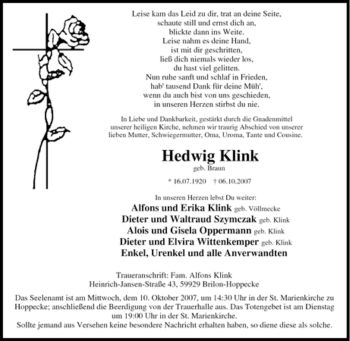 Traueranzeige von Hedwig Klink von Tageszeitung