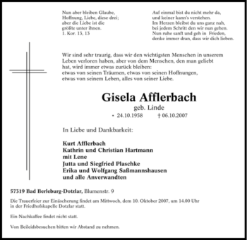 Traueranzeige von Gisela Afflerbach von Tageszeitung
