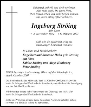 Traueranzeige von Ingeborg Ströing von Tageszeitung