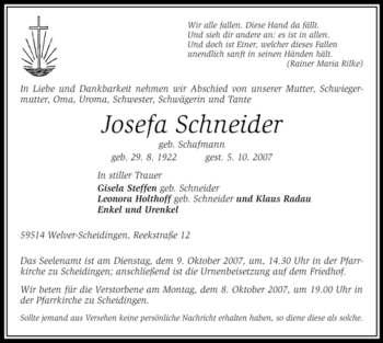Traueranzeige von Josefa Schneider von Tageszeitung