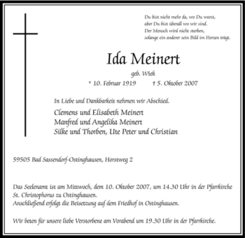 Traueranzeige von Ida Meinert von Tageszeitung