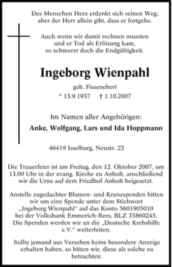 Traueranzeige von Ingeborg Wienpahl von Tageszeitung
