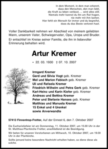 Traueranzeige von Artur Kremer von Tageszeitung