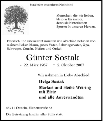 Traueranzeige von Günter Sostak von Tageszeitung