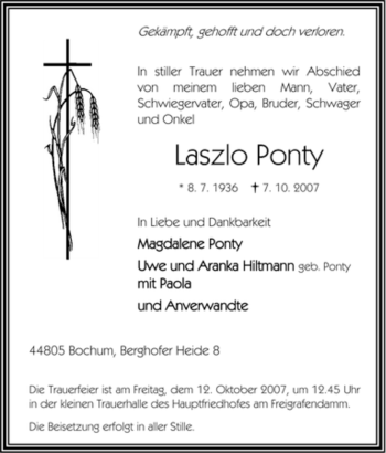 Traueranzeige von Laszlo Ponty von Tageszeitung