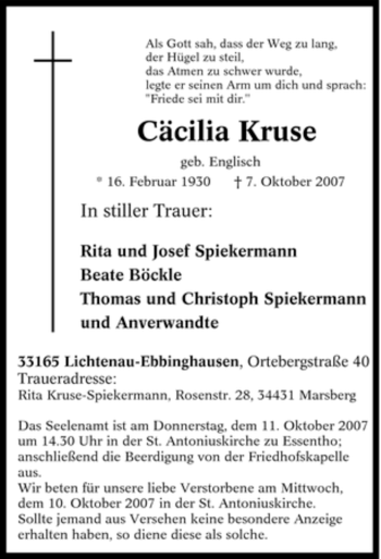 Traueranzeige von Cäcilia Kruse von Tageszeitung