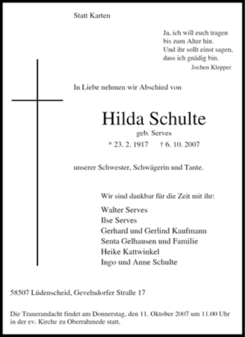 Traueranzeige von Hilda Schulte von Tageszeitung