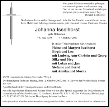 Traueranzeige von Johanna Isselhorst von Tageszeitung