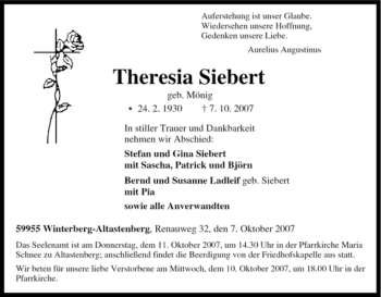 Traueranzeige von Theresia Siebert von Tageszeitung