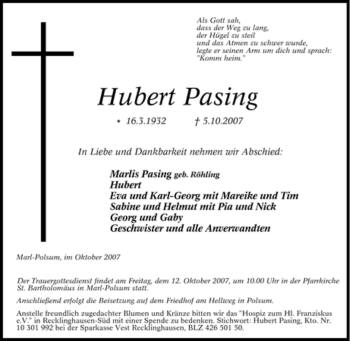 Traueranzeige von Hubert Pasing von Tageszeitung