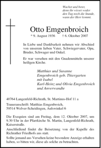 Traueranzeige von Otto Emgenbroich von Tageszeitung