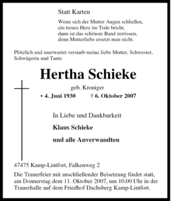 Traueranzeige von Hertha Schieke von Tageszeitung