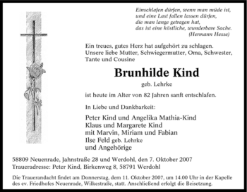 Traueranzeige von Brunhilde Kind von Tageszeitung