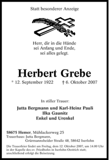 Traueranzeige von Herbert Grebe von Tageszeitung