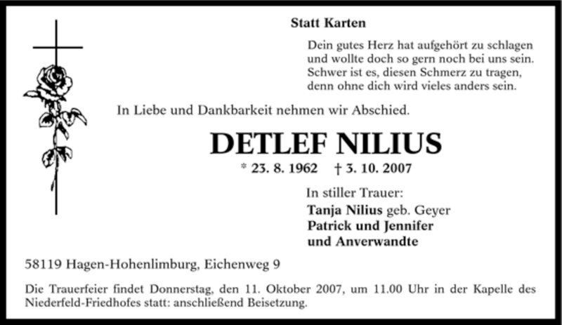  Traueranzeige für Detlef Nilius vom 09.10.2007 aus Tageszeitung