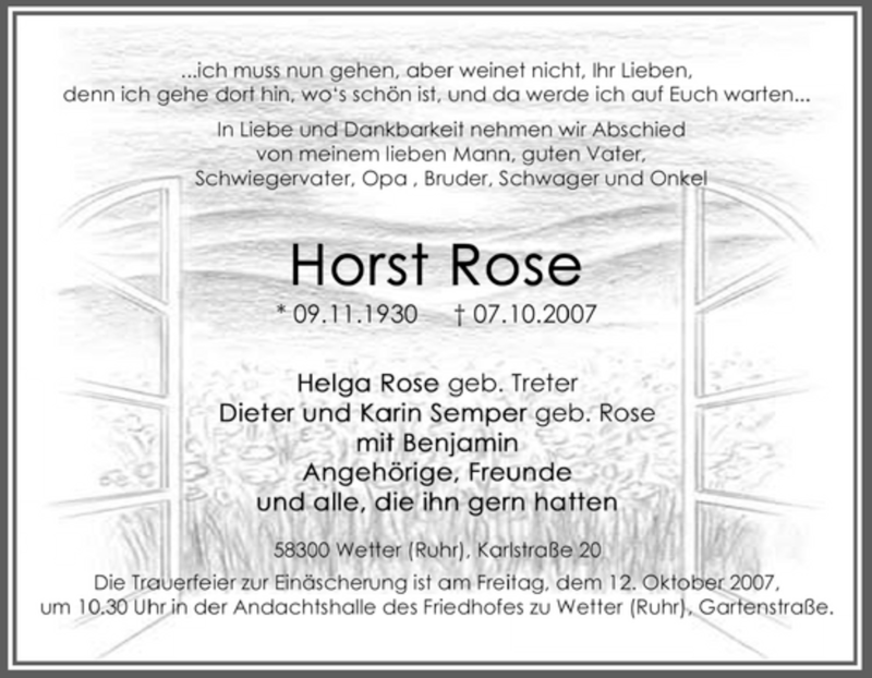  Traueranzeige für Horst Rose vom 09.10.2007 aus Tageszeitung