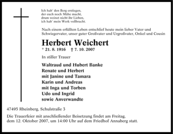 Traueranzeige von Herbert Weichert von Tageszeitung