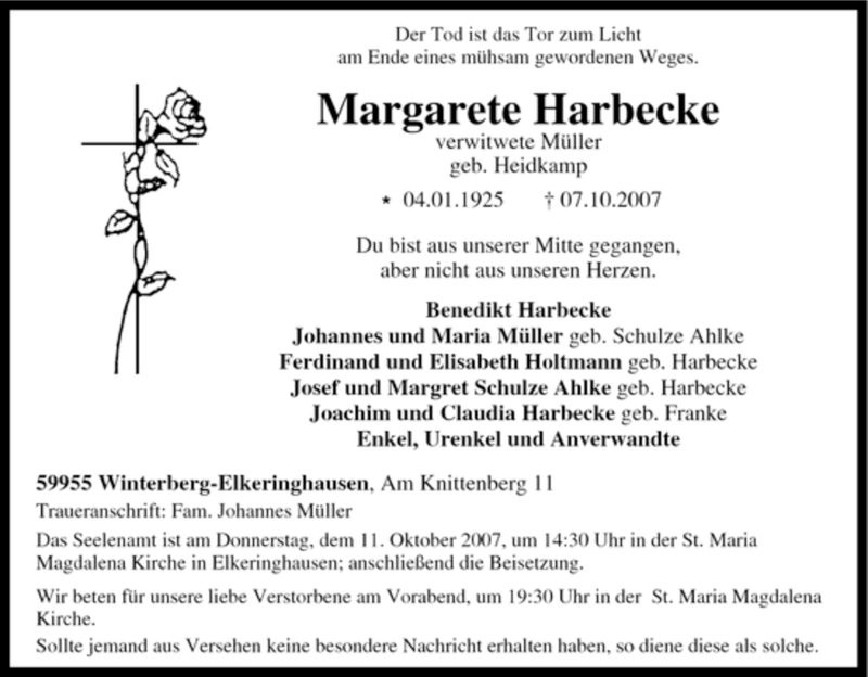  Traueranzeige für Margarete Harbecke vom 09.10.2007 aus Tageszeitung