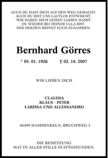 Traueranzeige von Bernhard Görres von Tageszeitung