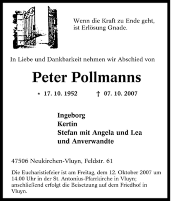 Traueranzeige von Peter Pollmanns von Tageszeitung