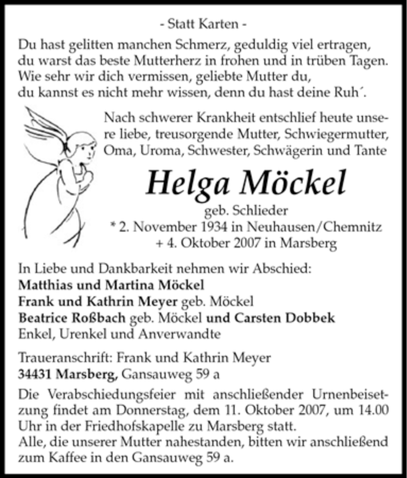  Traueranzeige für Helga Möckel vom 09.10.2007 aus Tageszeitung