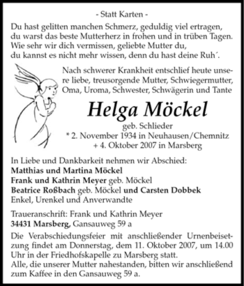 Traueranzeige von Helga Möckel von Tageszeitung