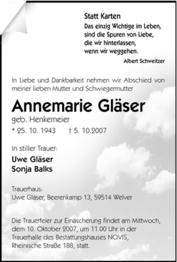 Traueranzeige von Annemarie Gläser von Tageszeitung