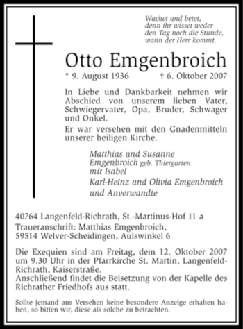 Traueranzeige von Otto Emgenbroich von Tageszeitung