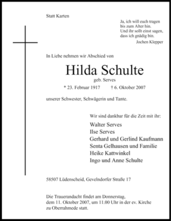 Traueranzeige von Hilda Schulte von Tageszeitung