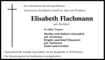 Traueranzeige von Elisabeth Flachmann von Tageszeitung