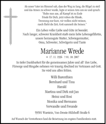 Traueranzeige von Marianne Wrede von Tageszeitung