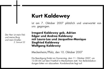 Traueranzeige von Kurt Kaldewey von Tageszeitung