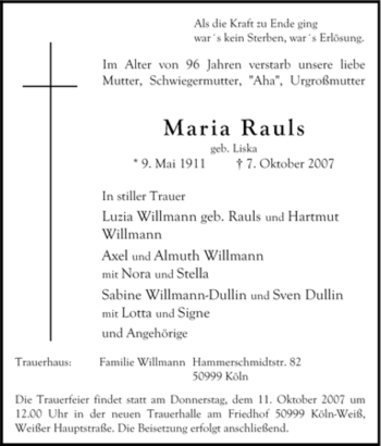 Traueranzeige von Maria Rauls von Tageszeitung