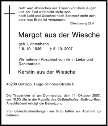 Traueranzeige von Margot aus der Wiesche von Tageszeitung