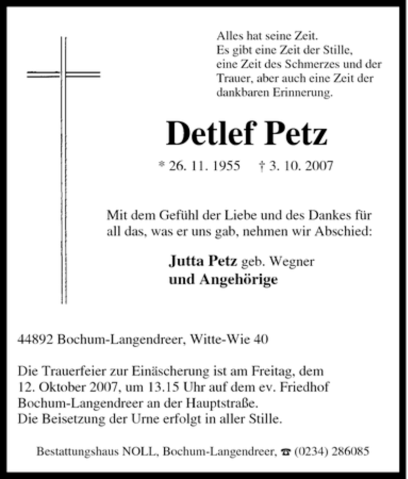  Traueranzeige für Detlef Petz vom 10.10.2007 aus Tageszeitung