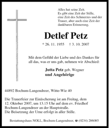 Traueranzeige von Detlef Petz von Tageszeitung