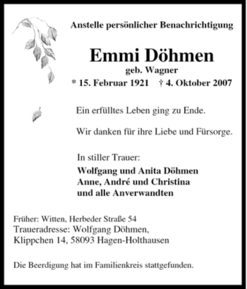 Traueranzeige von Emmi Döhmen von Tageszeitung