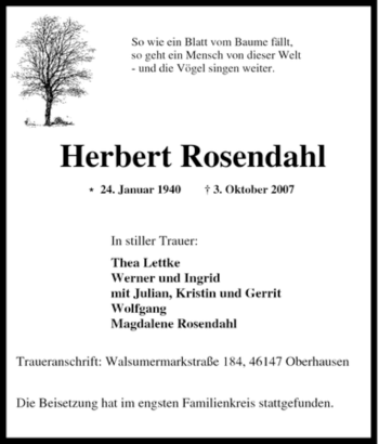 Traueranzeige von Herbert Rosendahl von Tageszeitung