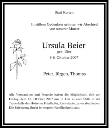 Traueranzeige von Ursula Beier von Tageszeitung