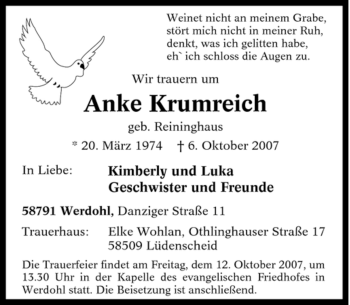 Traueranzeige von Anke Krumreich von Tageszeitung
