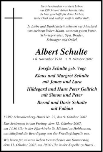 Traueranzeige von Albert Schulte von Tageszeitung