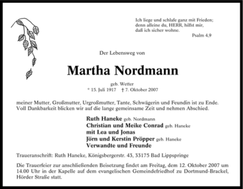 Traueranzeige von Martha Nordmann von Tageszeitung