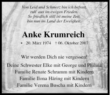 Traueranzeige von Anke Krumreich von Tageszeitung
