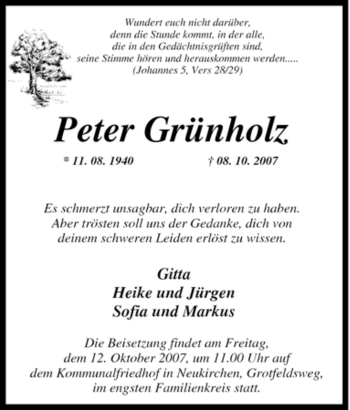 Traueranzeige von Peter Grünholz von Tageszeitung