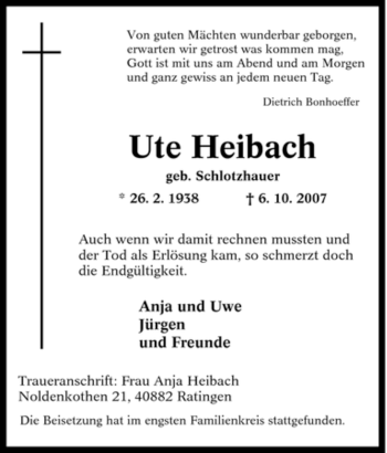Traueranzeige von Ute Heibach von Tageszeitung