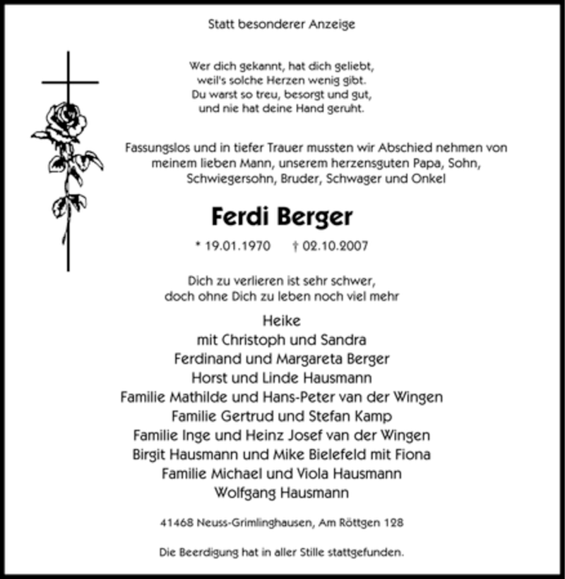  Traueranzeige für Ferdi Berger vom 11.10.2007 aus Tageszeitung