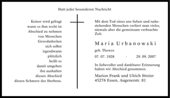Traueranzeige von Maria Urbanowski von Tageszeitung