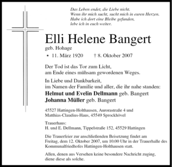 Traueranzeige von Elli Helene Bangert von Tageszeitung