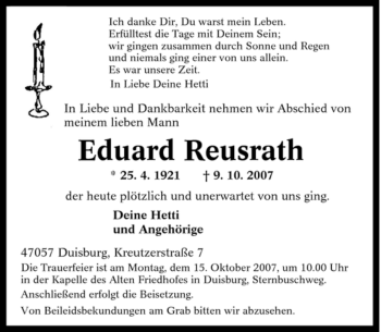 Traueranzeige von Eduard Reusrath von Tageszeitung