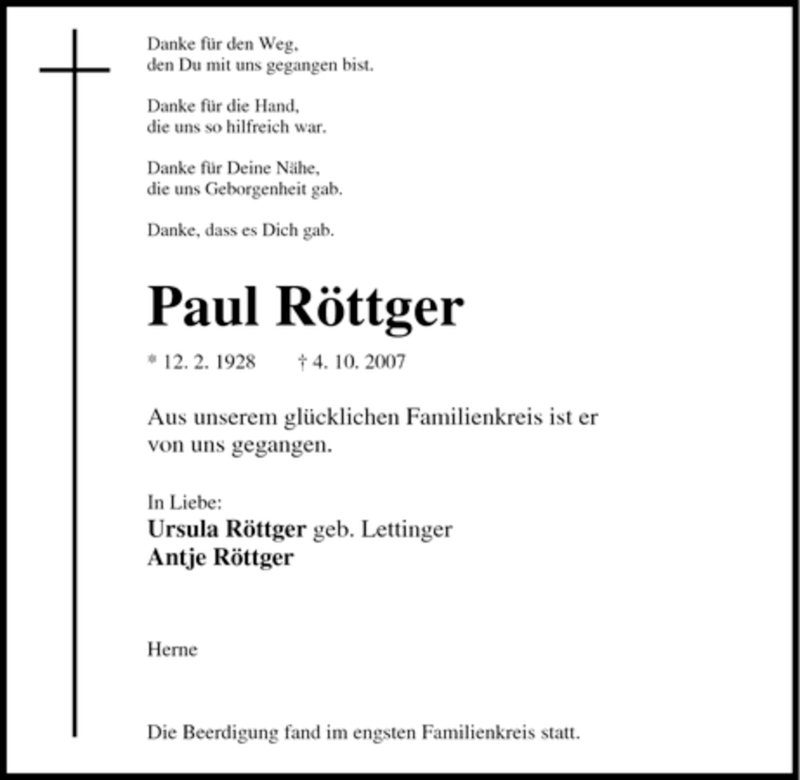  Traueranzeige für Paul Röttger vom 11.10.2007 aus Tageszeitung